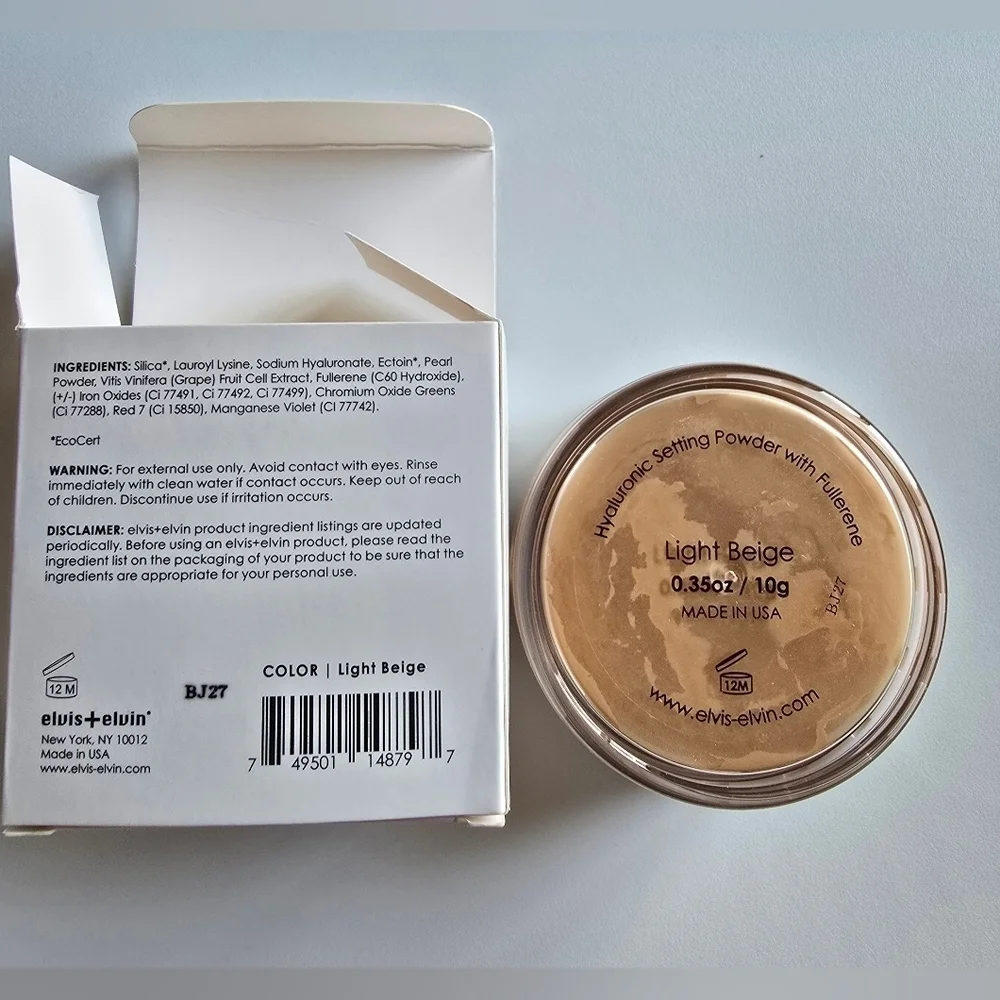 Elvis + Elvin Hyaluronic Loose Powder Foundation 0.35 oz Shade Light Beige NIB